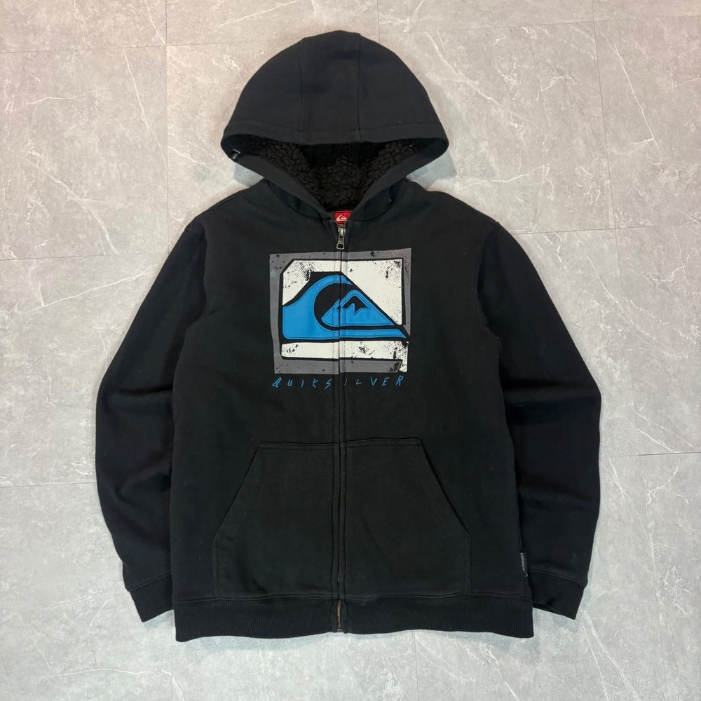 Quiksilver Boys Black Sherpa Lined Zip Up Hoodie Graphic Logo Size M 12-14